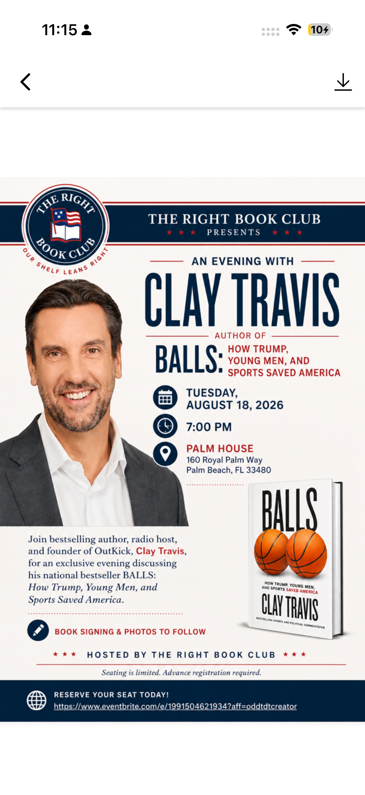 The Right Book Club presents an evening with Clay Travis, Palm Beach, August 18 2026