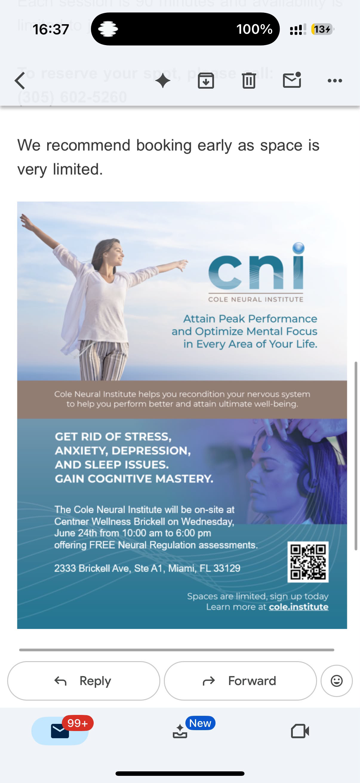 Cole Neural Institute free neural regulation assessments at Centner Wellness Brickell, June 24 2026
